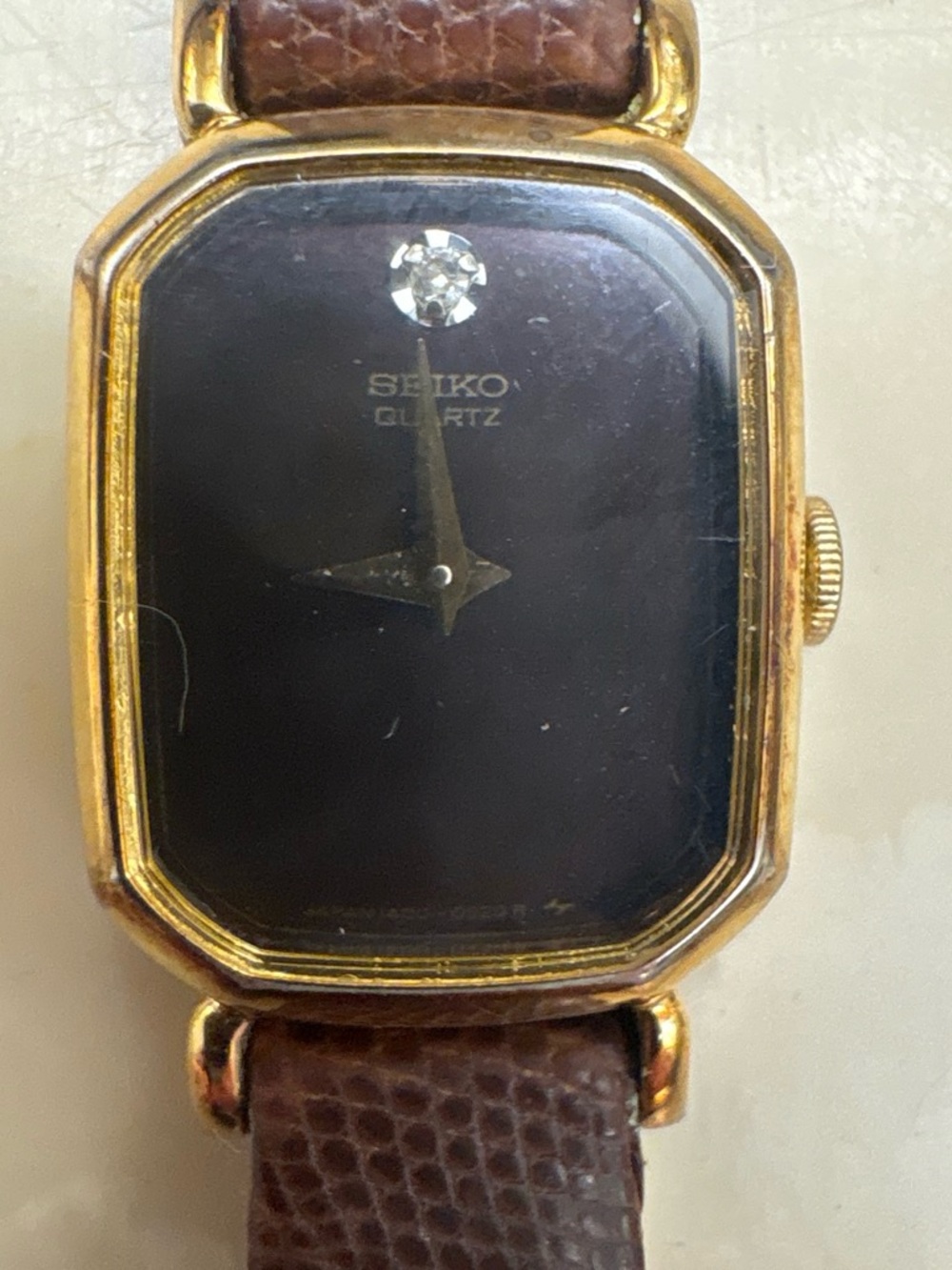 Seiko Black Dial Gold-Tone Case with Brown Leather Strap